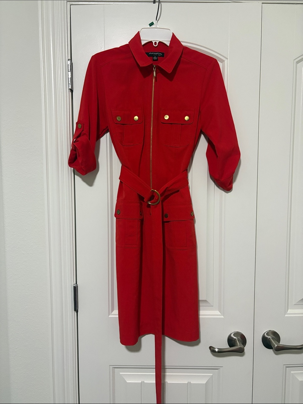 Sharagano Red Zip-Front Midi Shirt Dress